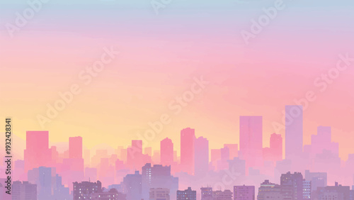 graphic vector city skyline at sunset pink pastel background, wall art
