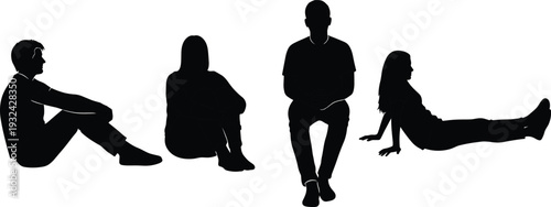 Silhouette people sitting posture, human body outline, artistic black figures, modern minimalist design, abstract gesture illustration, creative stock image
