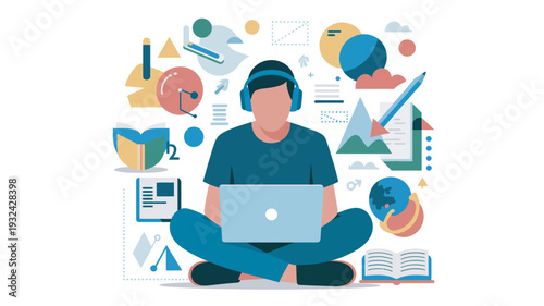A man sits cross-legged on the floor with a laptop and headphones on, surrounded by various colorful educational icons and symbols.