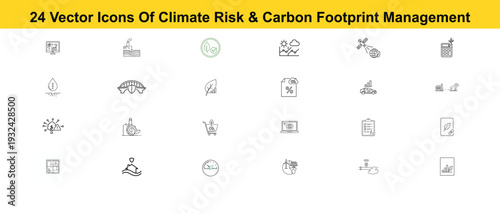 An array of 24 vector icons depicting climate risk and carbon footprint management, offering a visual guide to environmental sustainability.