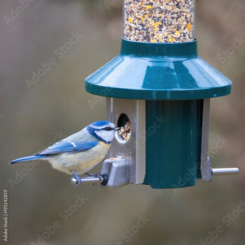 a close up of a blue tit, Cyanistes caeruleus, on a bird feeder. It is feeding on the seeds. There is space for copy text around the subject