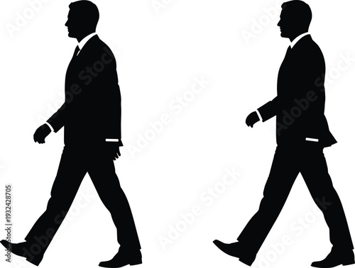 Businessman walking side view silhouette set, professional male stride pose, black isolated vector illustration on white background