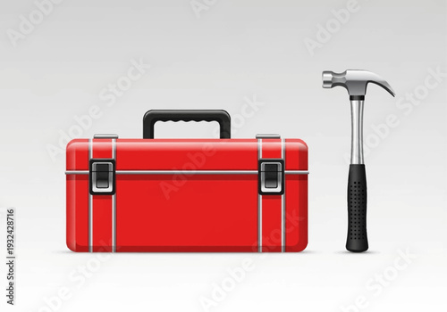 A red toolbox with a hammer beside it on a plain surface viewed from the front