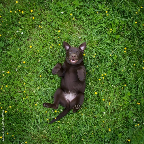 Happy Chocolate Lab Puppy Rolling on Grass - ลูกสุนัขช็อกโกแลตแลบราดอร์นอนหงายบนหญ้า