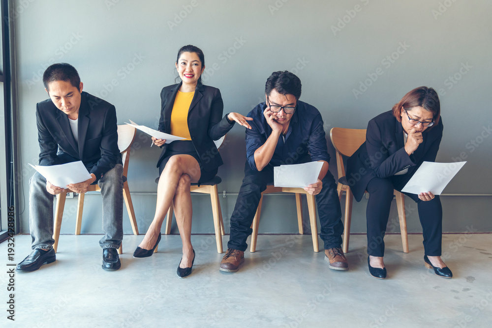 Obraz premium Job Hiring Interview Candidate prepare Questions Best Answers for Interviewing with Human Resource HR Manager. Confident Candidate in Office sitting waiting outside room for Jobs Interview