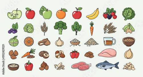 Assortment of fresh fruits, vegetables, and various food items, all healthy and colorful.