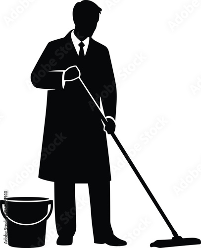 Janitor cleaning floor silhouette, professional cleaner with mop and bucket, black isolated vector illustration on white background