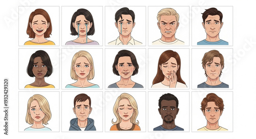 Diverse collection of human faces showcasing various emotions and expressions in a grid format.