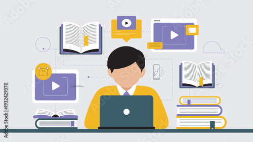 A cartoon man sits at a desk with a laptop surrounded by books and video icons representing online learning.
