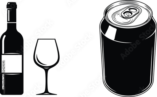Black and white illustration of wine bottle glass and soda can