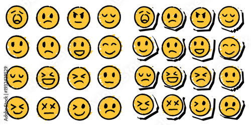 Set emoji hand drawing vector for casual mental health blogs. Ideal for symbolizing authentic feelings, sketchy mood tracking, and relatable human emotions.