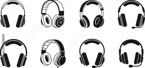 Set of modern headphones icons in black and white, wireless and gaming headset vector illustration isolated on gray background