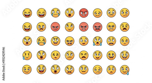 Collection of various emoji faces expressing different emotions and feelings in a grid.