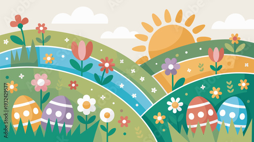 A colorful Easter scene with eggs and flowers in a sunny landscape
