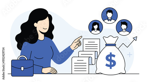 Business Professional Illustration Woman Presenting Investment Strategy with Team Documents Money Bag and Growth Arrow Financial Planning