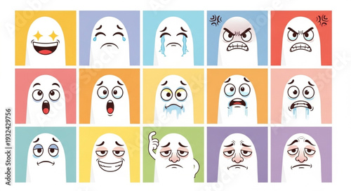 Various cartoon ghost characters expressing different emotions on colorful backgrounds.
