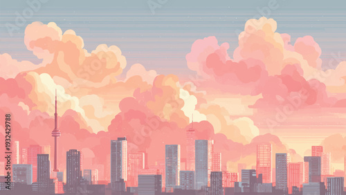 graphic vector city skyline at sunset pink pastel background, wall art