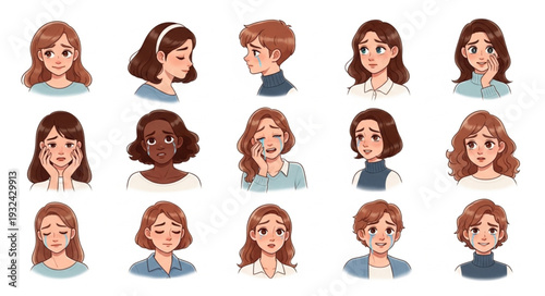 Collection of diverse womens faces expressing various emotions and feelings in a portrait style.