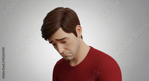 Sad man with brown hair looking down with a red shirt.