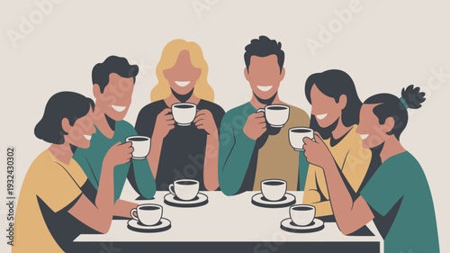 A group of diverse friends enjoying coffee together at a table with smiles on their faces