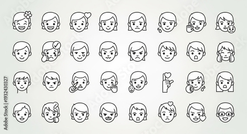 Collection of hand drawn faces expressing different emotions and feelings.