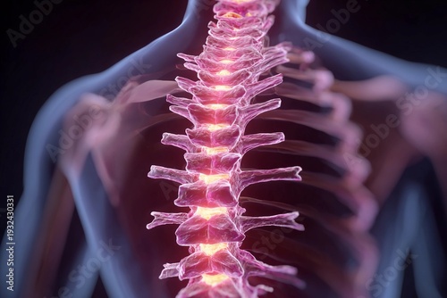 Spine structure shows vertebrae and spinal column in detailed view with glowing highlights