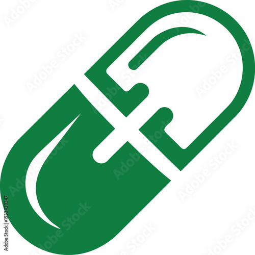 Green capsule pill icon with white interior  medicine health symbol  green and white graphic