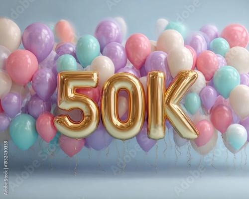 Celebration with balloons and 50K sign for a special occasion in a bright setting