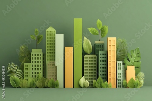 Buildings and plants form a model city with green features and tall structures on a green background in a creative setting