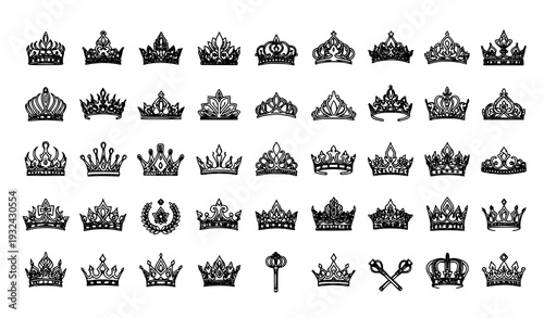 Luxury crown outline icon vector set – 50 royalty and decorative designs
