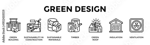 Green Design Banner Web Icon Set Collection Pack Vector Illustration Concept For Green Building, Sustainability In Construction, Sustainable Materials, Timber, Green Roof, Insulation, Ventilation