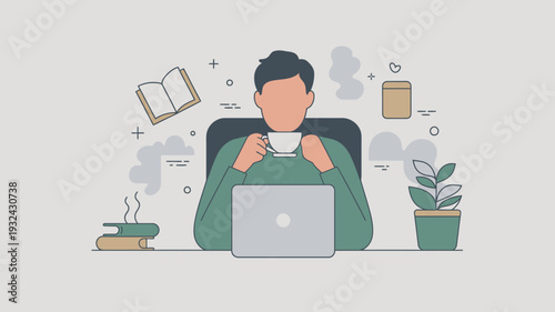 A man sits at a desk with a laptop, surrounded by books and a plant, enjoying a cup of coffee while working