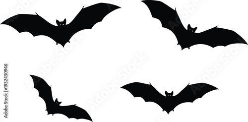 set of black flying bats in various positions on white background