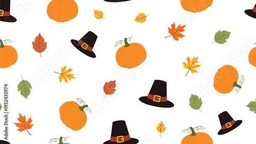Seamless Thanksgiving pattern featuring orange pumpkins, pilgrim hats, and variety of colorful autumn leaves on white background.