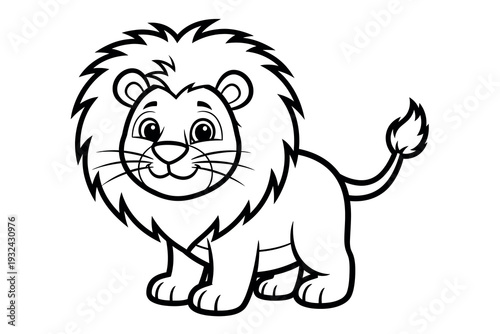A cartoon lion with a shaggy mane and a cheerful expression standing on all fours