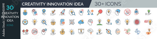 Collection of icons representing creativity and innovation ideas displayed on a white background viewed from directly above
