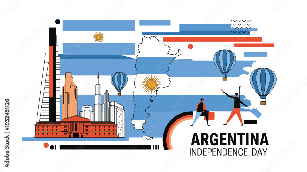 Obraz premium Argentina Independence Day celebration poster with the national flag map hot air balloons and silhouettes of historic city buildings and people.