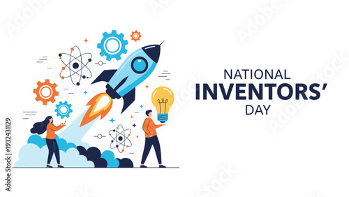 National Inventors Day celebration illustration with a rocket launch light bulb gears and professional characters representing creative innovation.
