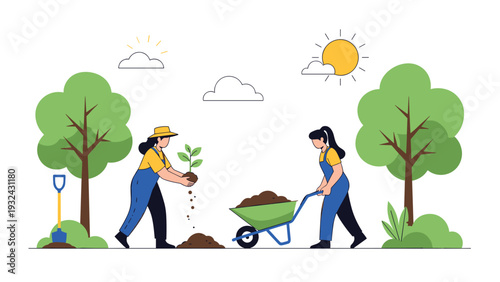 Two women planting a small tree and moving soil with a wheelbarrow in a garden to promote environmental sustainability and reforestation efforts.