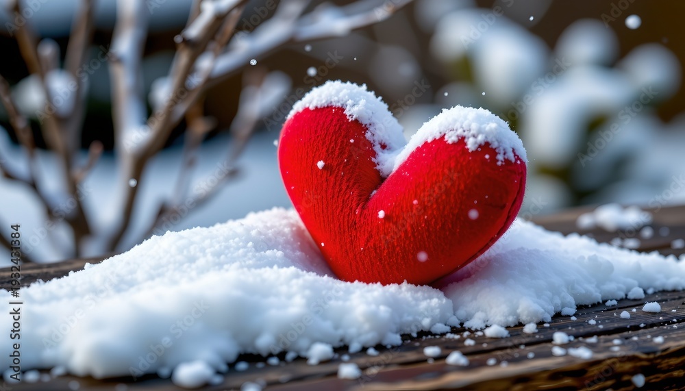 Fototapeta premium Red Fabric Heart Dusting Snow Wooden Surface