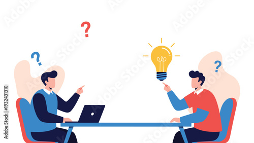Two characters sitting at a desk with a laptop and a glowing light bulb appearing above one person representing a successful business idea.