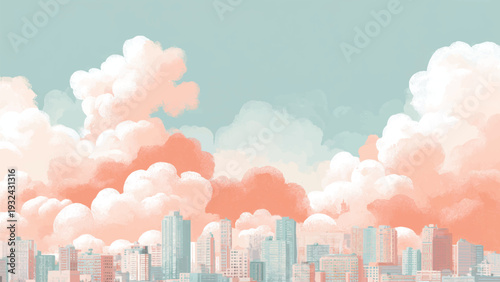 graphic vector city skyline at sunset pink pastel background, wall art