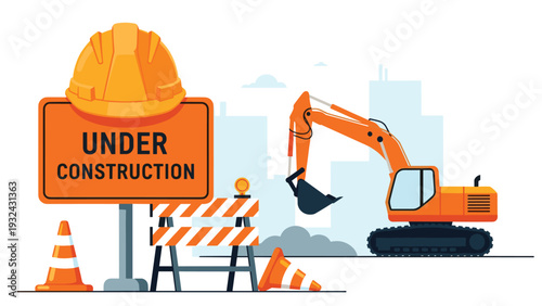 Under construction sign with a safety helmet orange traffic cones and a large excavator working at a building site in a modern city environment.