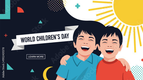 World Children's Day celebration banner featuring two happy diverse boys laughing together under a bright yellow sun with geometric shapes.