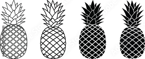 Four pineapple icons in different shades of black and white Vector