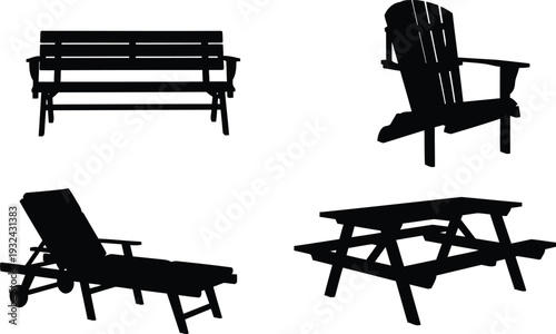 Silhouettes of outdoor furniture including bench chair and picnic table on white