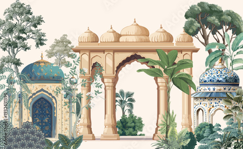 Indian Heritage Wallpapers For Walls,Tropical Theme Wallpapers For Walls, Mughal Garden Illustration.