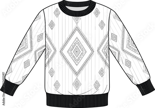 Geometric patterned knit sweater technical flat sketch, tribal diamond print pullover vector illustration, front view fashion CAD drawing apparel template.
