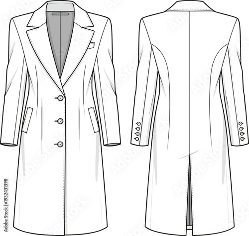 Tailored long trench coat technical flat sketch, formal winter overcoat vector illustration, front and back view fashion CAD drawing template.