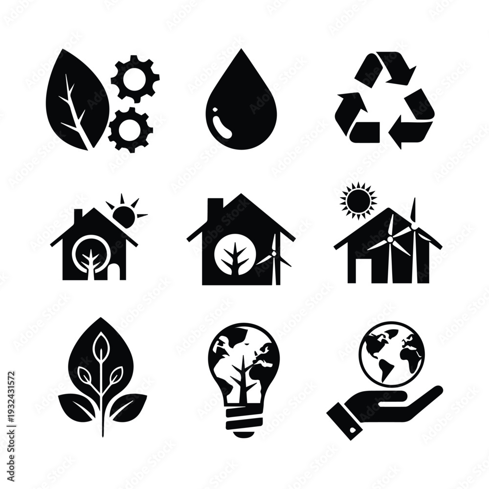Obraz premium Eco friendly icons for sustainable living and green technology solutions